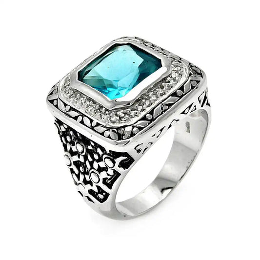 925 Sterling Silver Clearance Oxidized Rhodium Plated Blue Square CZ Ring