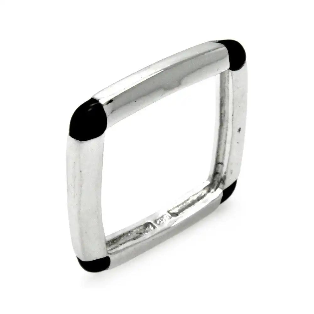 925 Sterling Silver Clearance Rhodium Plated Black Enamel Square Ring