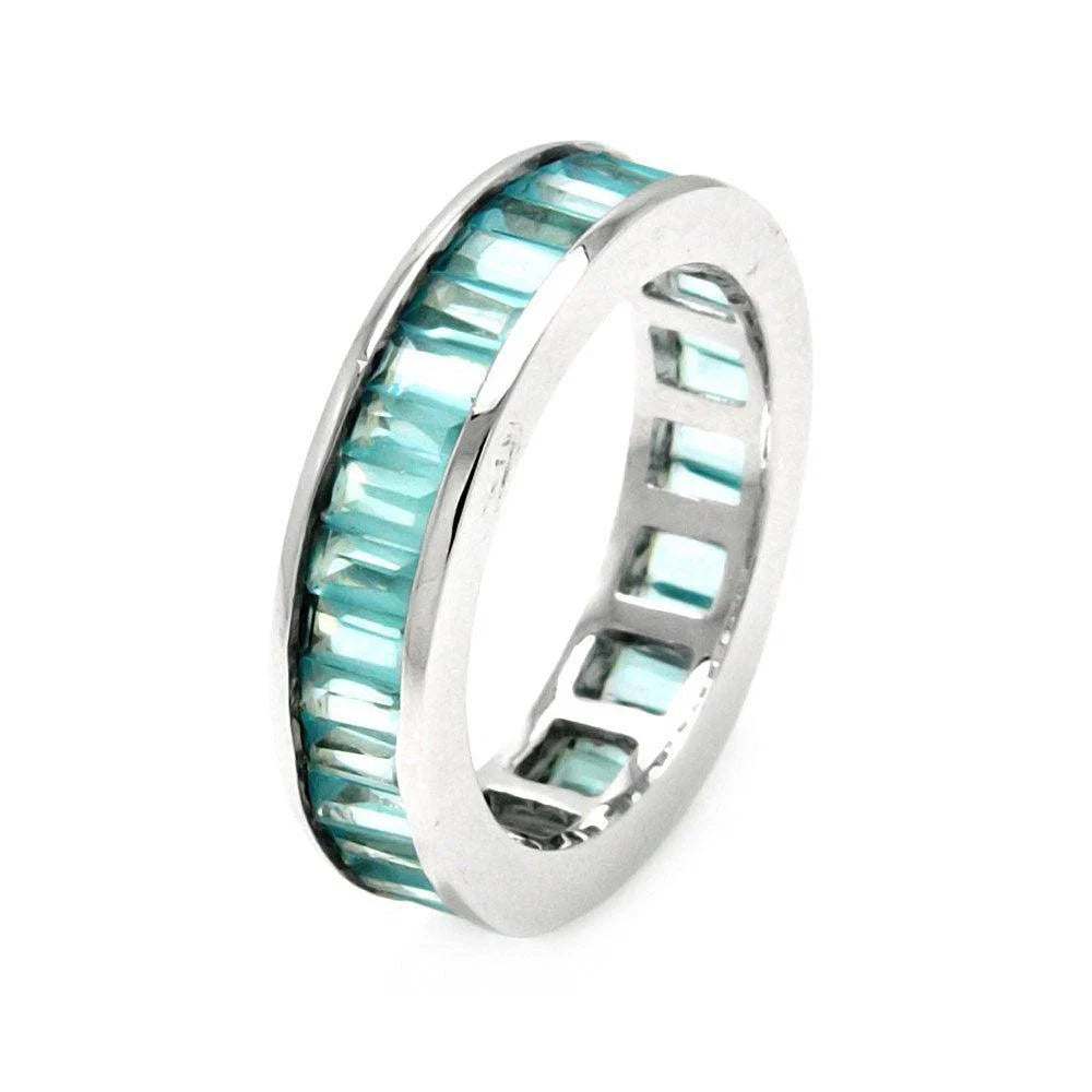 925 Silver Rhodium Plated Channel Set Aqua Blue Baguette CZ Stackable Eternity Ring