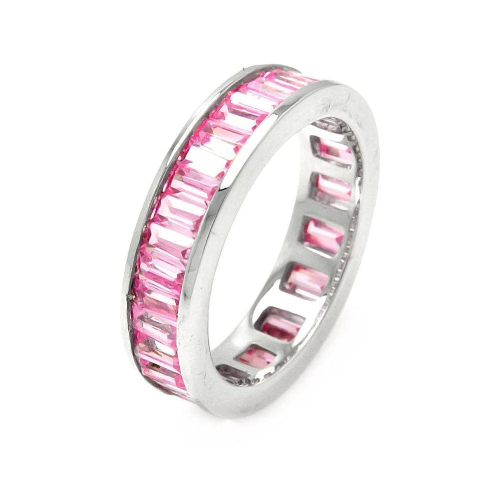 925 Silver Rhodium Plated Channel Set Pink Baguette CZ Stackable Eternity Ring