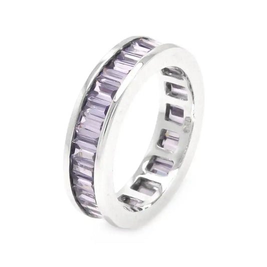 925 Sterling Silver Rhodium Plated Channel Set Purple Baguette CZ Eternity Ring