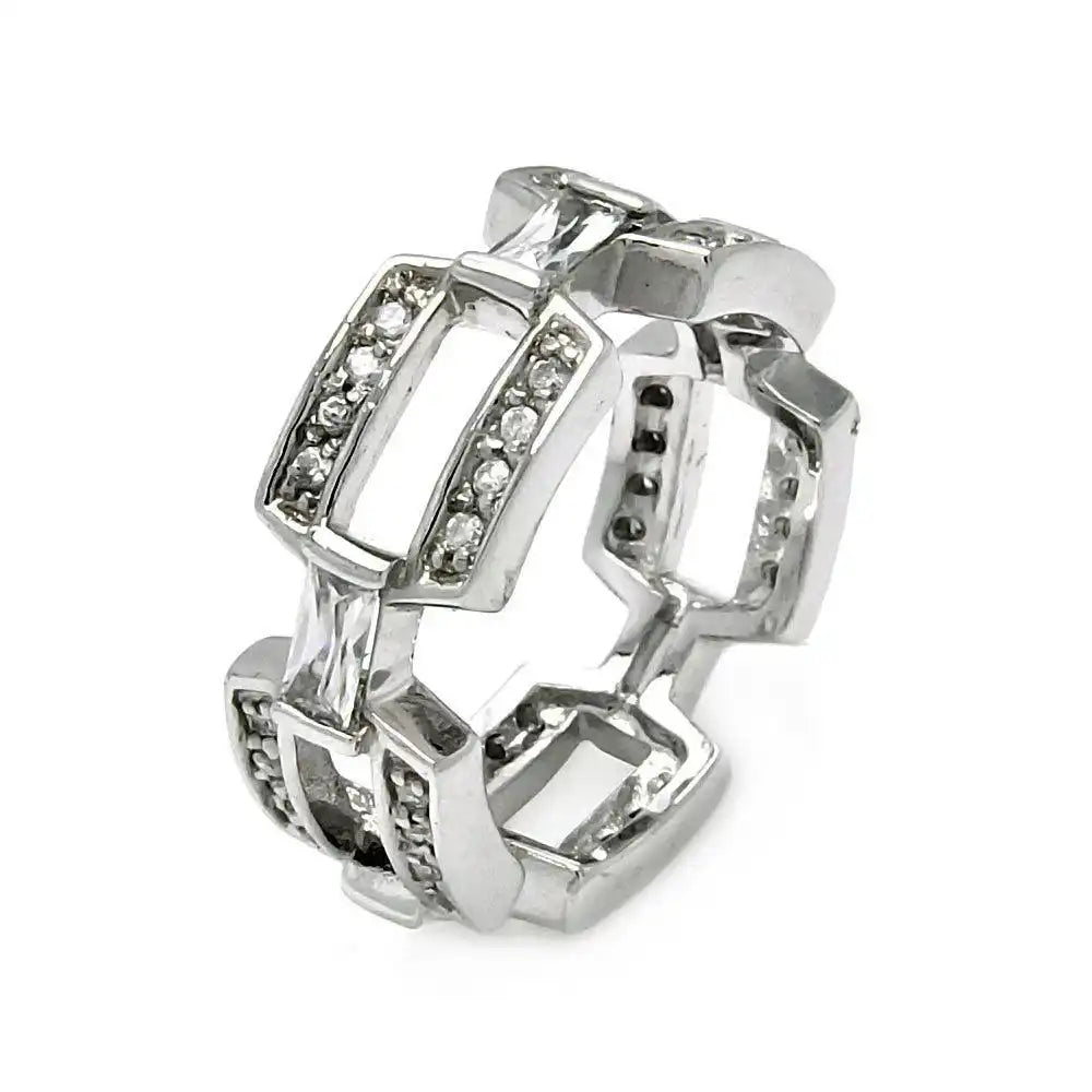 925 Sterling Silver Clearance Rhodium Plated CZ Square Link Eternity Ring