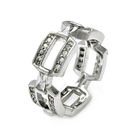 925 Sterling Silver Clearance Rhodium Plated CZ Square Link Eternity Ring