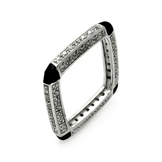 925 Sterling Silver Clearance Rhodium Plated Black Enamel CZ Square Ring