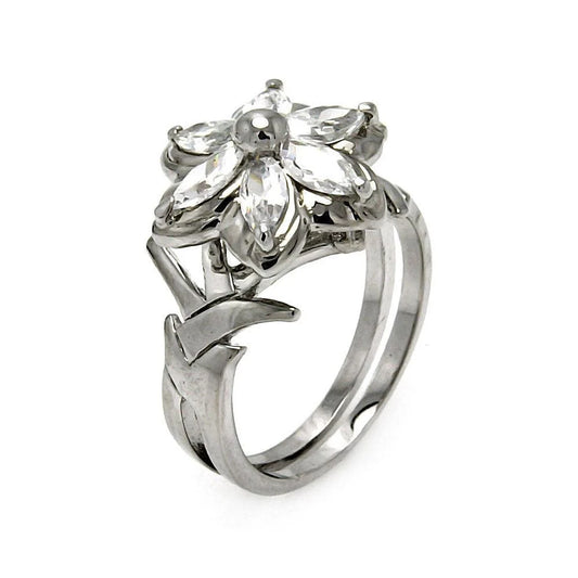 925 Silver Rhodium Plated CZ Flower Ring