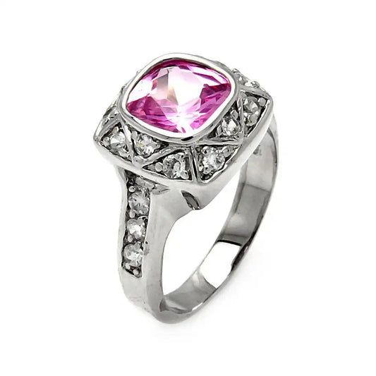 925 Sterling Silver Clearance Rhodium Plated Square Pink CZ Ring