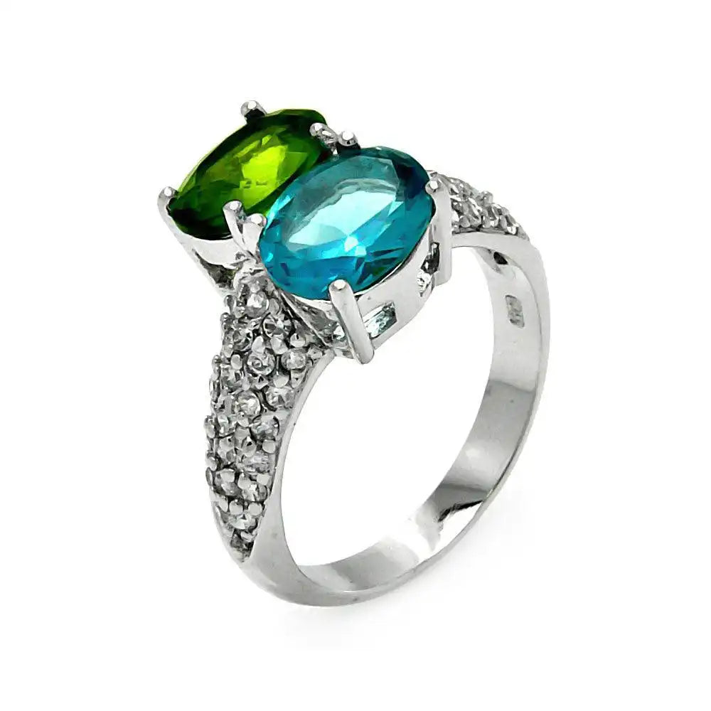 925 Sterling Silver Clearance Rhodium Plated Blue and Green CZ Ring