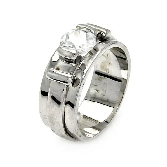 925 Sterling Silver Clearance Rhodium Plated Single CZ Belt Ring