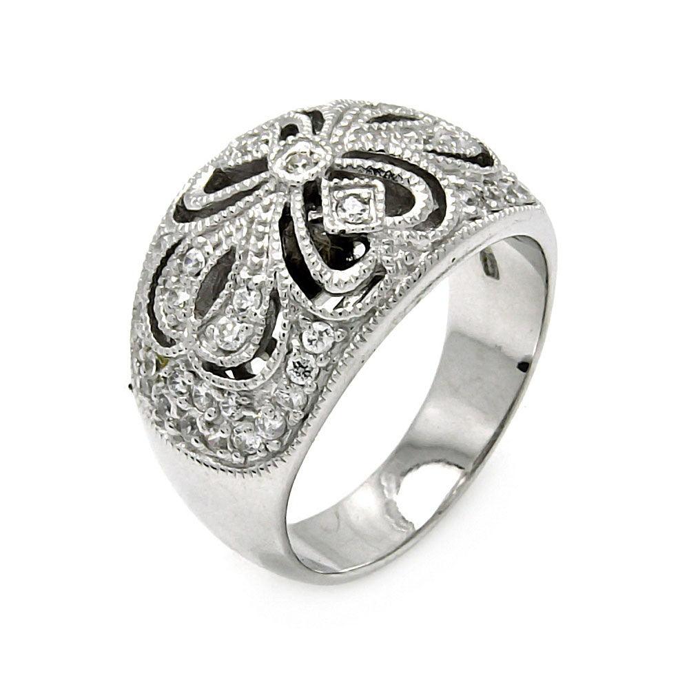 925 Silver Clearance-Rhodium Plated CZ Flower Ring