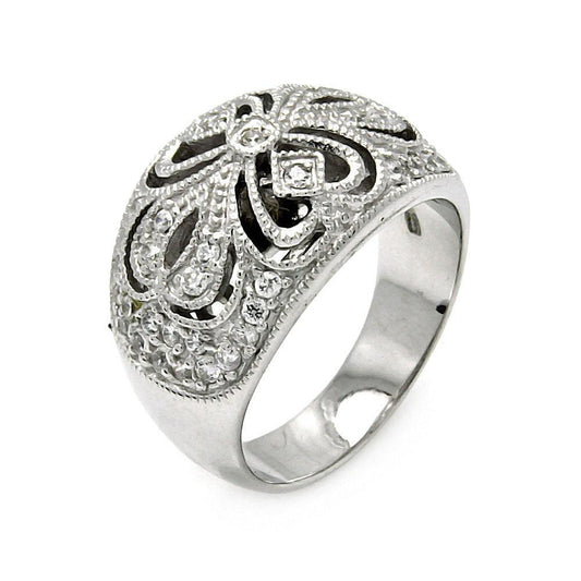 925 Silver Clearance-Rhodium Plated CZ Flower Ring