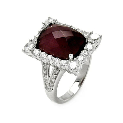 925 Sterling Silver Rhodium Plated Clearance Dark Red Round Square Clear Cluster CZ Ring