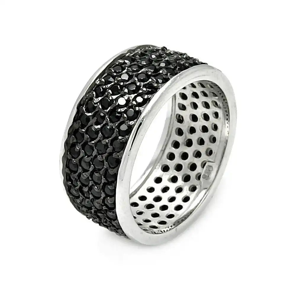 925 Sterling Silver Rhodium and Black Rhodium Plated Pave Set Black CZ Ring