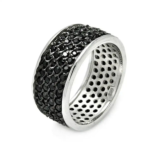 925 Sterling Silver Rhodium and Black Rhodium Plated Pave Set Black CZ Ring