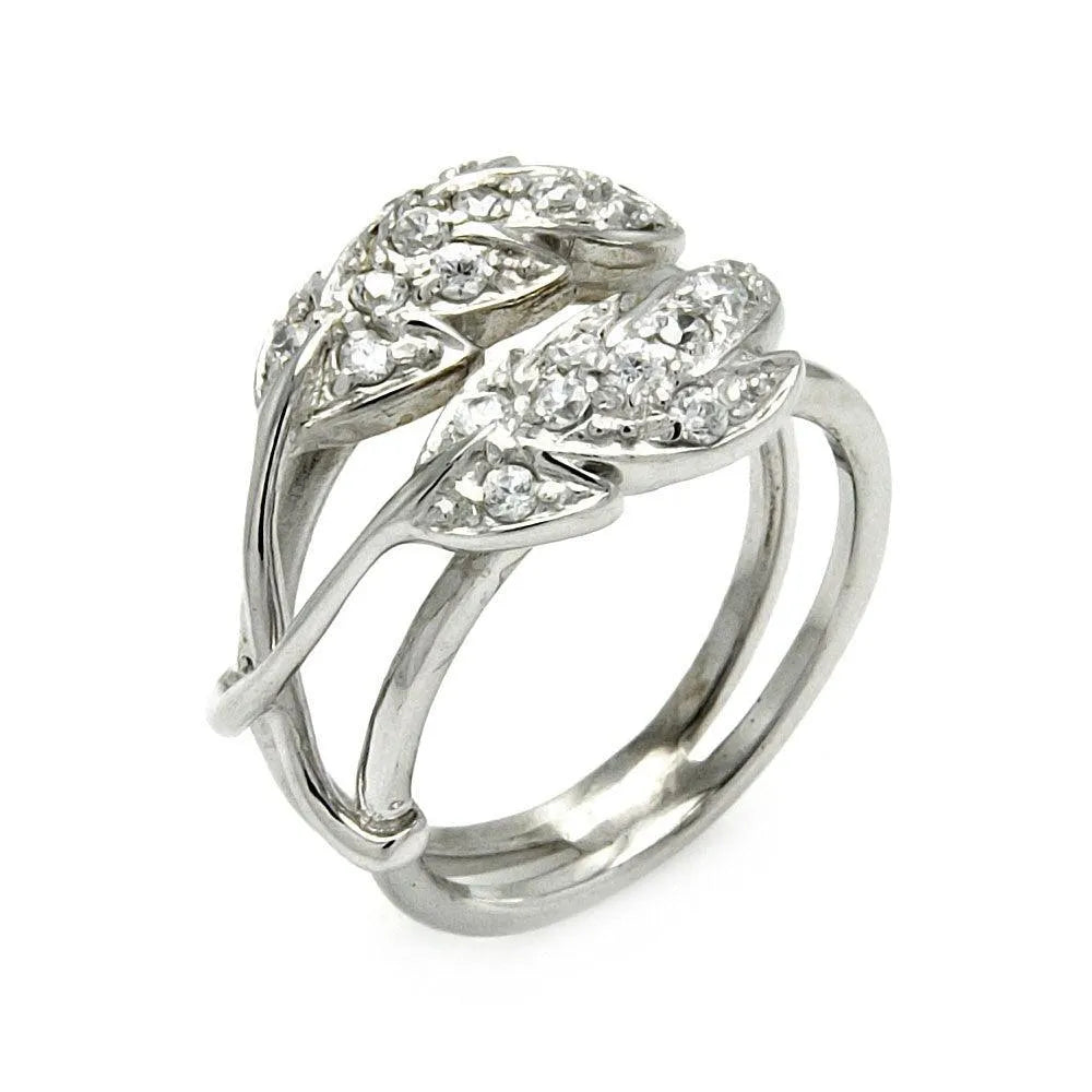 925 Sterling Silver Clearance Rhodium Plated CZ Double Leaf Ring