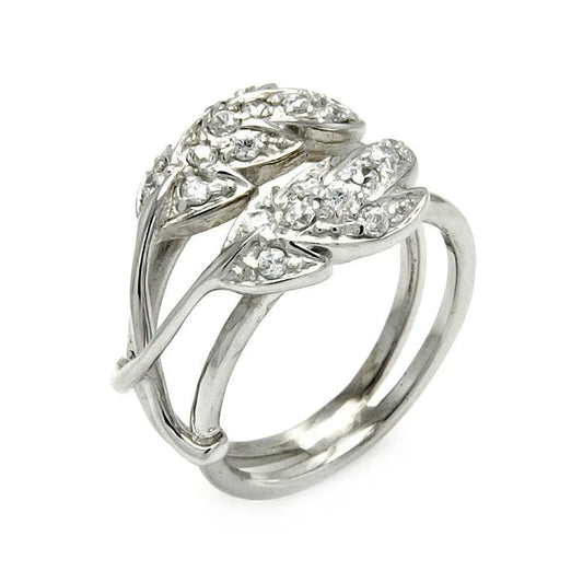 925 Sterling Silver Clearance Rhodium Plated CZ Double Leaf Ring