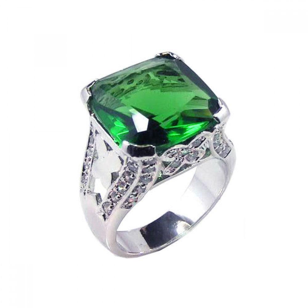 925 Silver Clearance - Rhodium Plated Green Square CZ Ring