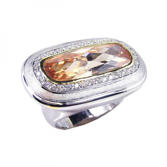 925 Silver Clearance-Rhodium Plated Wide Champagne and Clear CZ Ring