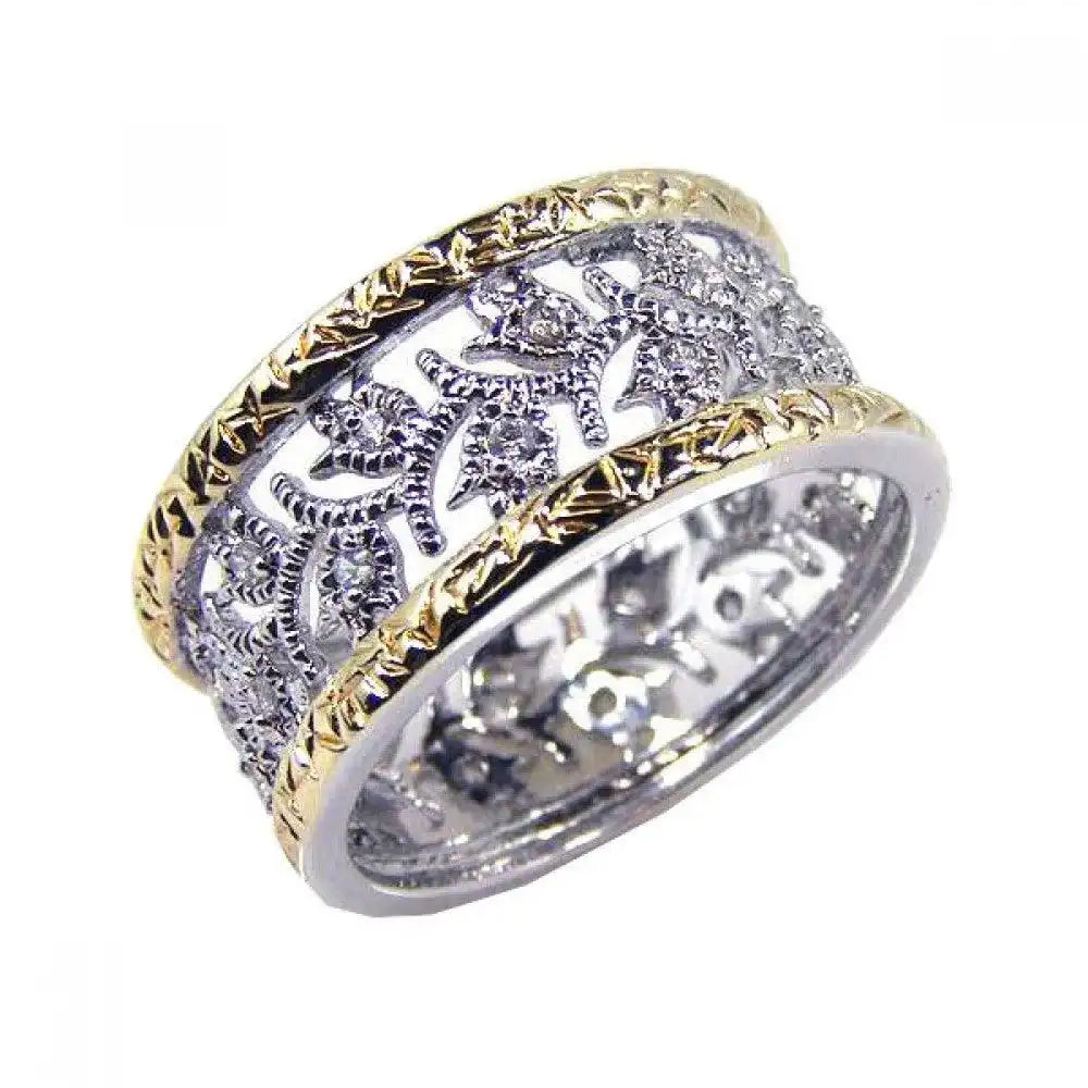 925 Sterling Silver Rhodium and Gold Plated Border CZ Tulip Flower Ring