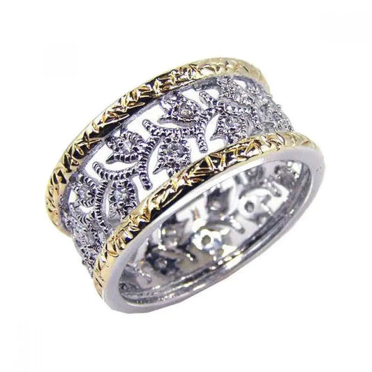 925 Sterling Silver Rhodium and Gold Plated Border CZ Tulip Flower Ring
