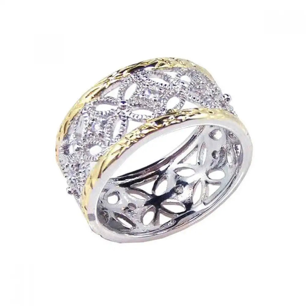 925 Sterling Silver Rhodium and Gold Plated Border CZ Flower Ring