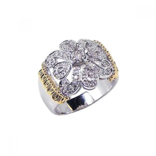 925 Sterling Silver Clearance Rhodium and Gold Plated CZ Flower Ring