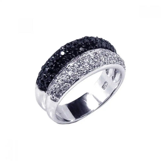 925 Sterling Silver Clearance Rhodium and Black Rhodium Plated Pave Set Clear and Black CZ Ring