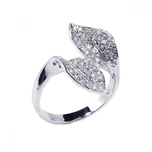 925 Sterling Silver Rhodium Plated CZ Double Leaf Ring
