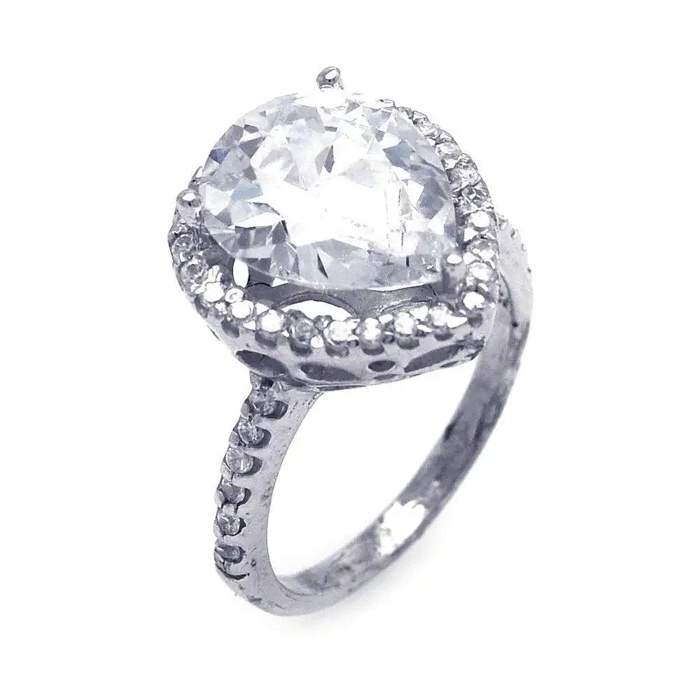 925 Sterling Silver Rhodium Plated Clear Pear Center and Cluster CZ Ring