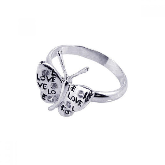 925 Silver Rhodium Plated CZ Love Butterfly Ring