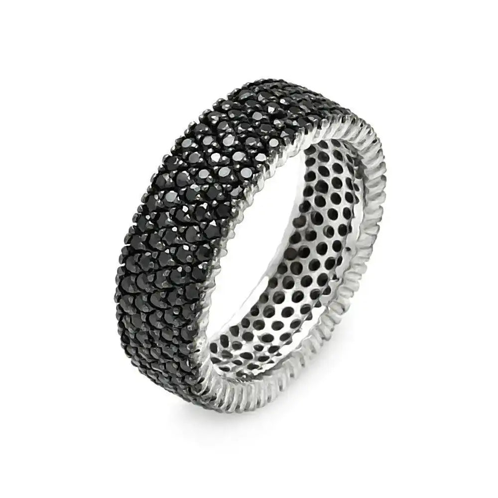 925 Sterling Silver Rhodium and Black Rhodium Plated Pave Set Black CZ Eternity Ring