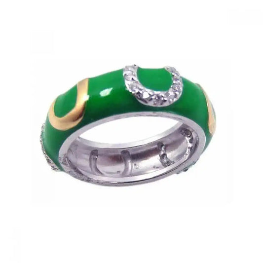 925 Sterling Silver  Clearance Rhodium Plated Green Enamel CZ Horse Shoe Ring
