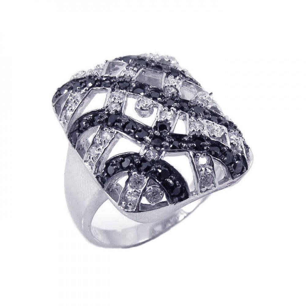 925 Silver Clearance-Rhodium and Black Rhodium Plated Black and Clear CZ Square Button Ring