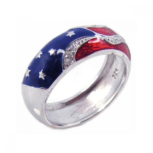 925 Sterling Silver Rhodium Plated Red, White and Blue Enamel Pave Set CZ America Ring