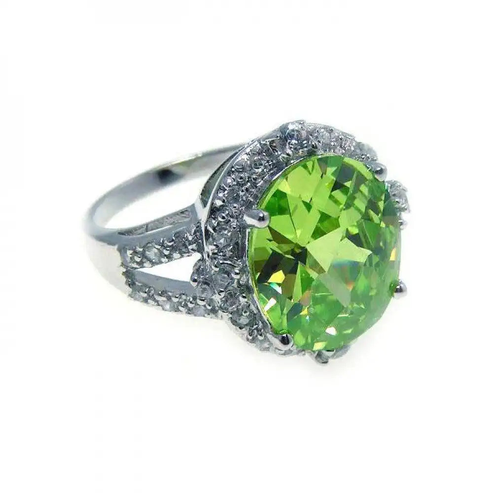 925 Sterling Silver Rhodium Plated Round Green Center Clear Cluster CZ Ring