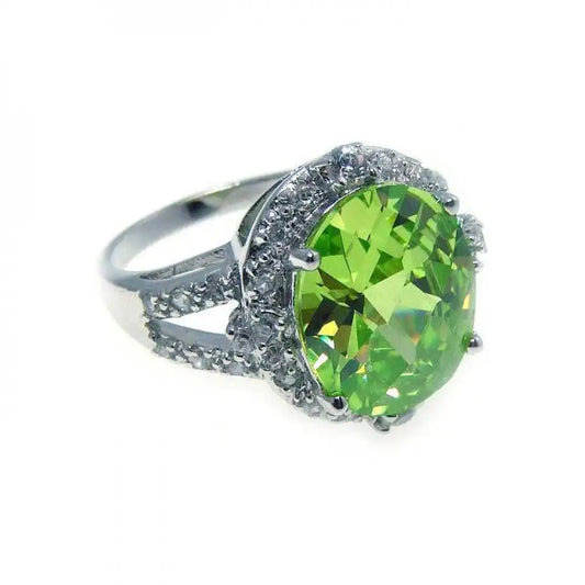 925 Sterling Silver Rhodium Plated Round Green Center Clear Cluster CZ Ring