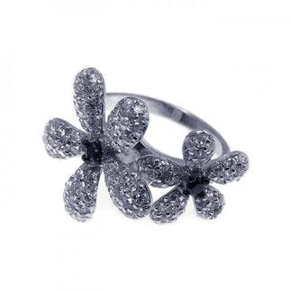 925 Silver Clearance-Rhodium Plated Black and Pave Set Clear CZ Flower Ring