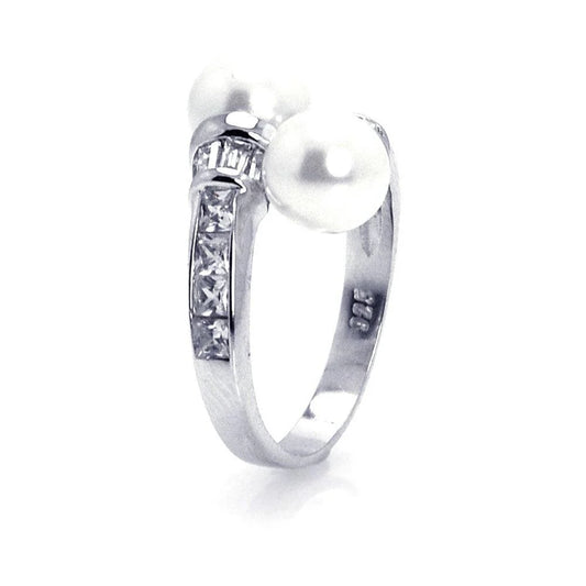 925 Silver Rhodium Plated CZ Double Pearl Ring