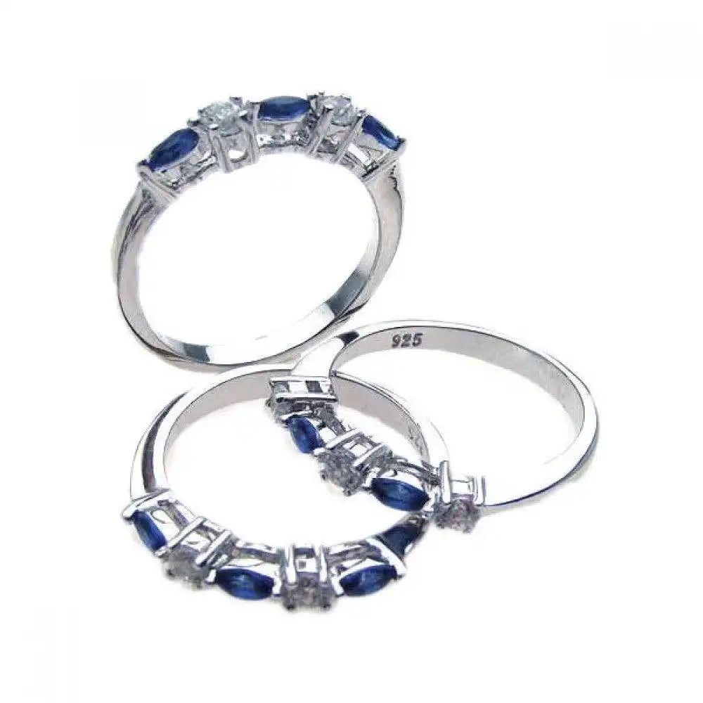 925 Sterling Silver Rhodium Plated Blue and Clear CZ Ring Set