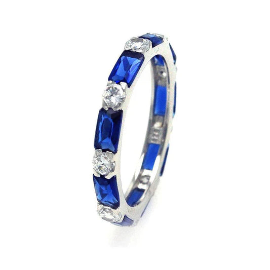925 Sterling Silver Rhodium Plated Blue Baguette Clear CZ Eternity Ring