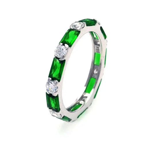 925 Sterling Silver Rhodium Plated Green Baguette Clear CZ Eternity Ring
