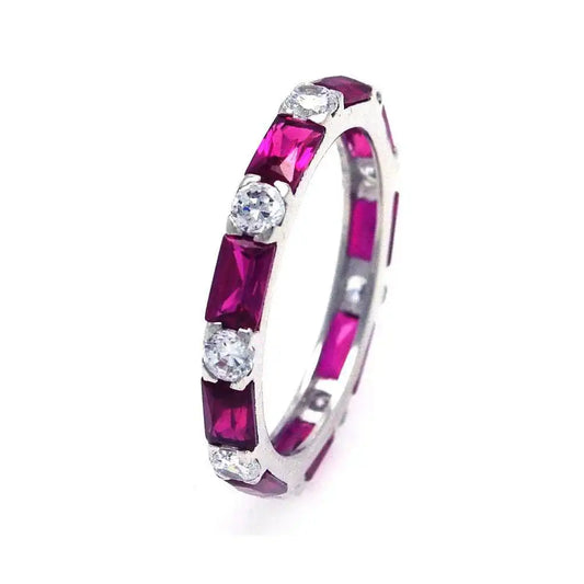 925 Sterling Silver Rhodium Plated Red Baguette Clear CZ Eternity Ring