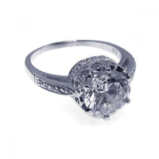 925 Silver Rhodium Plated CZ Round Antique Ring