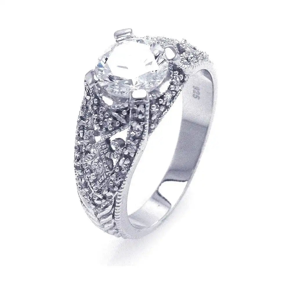 925 Sterling Silver Rhodium Plated Round Center CZ Antique Ring