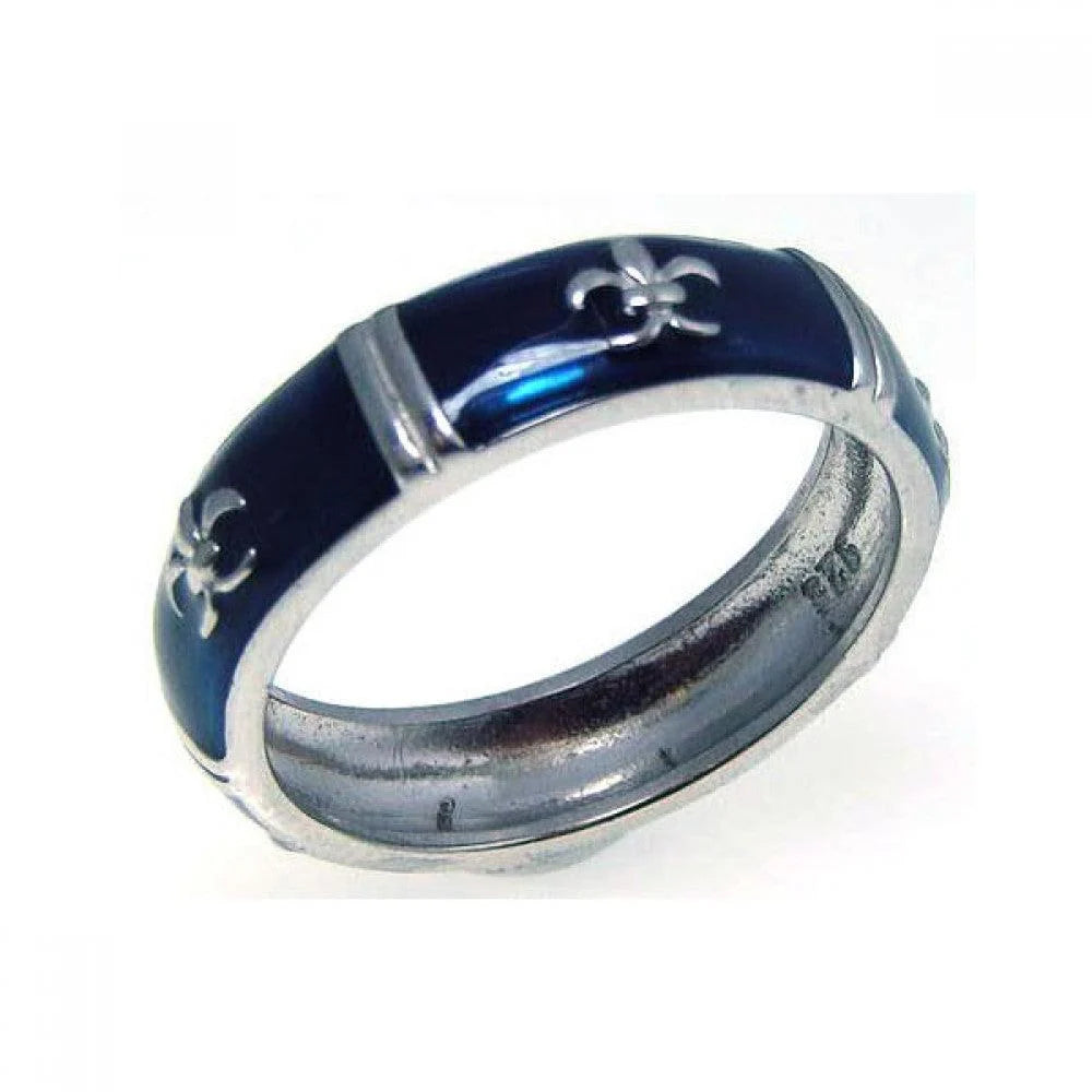 925 Silver Rhodium Plated Blue Enamel Fleur De Lis Eternity Ring