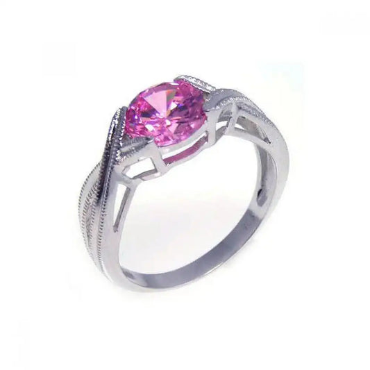 925 Sterling Silver Rhodium Plated Round Pink Center CZ Solitaire Ring