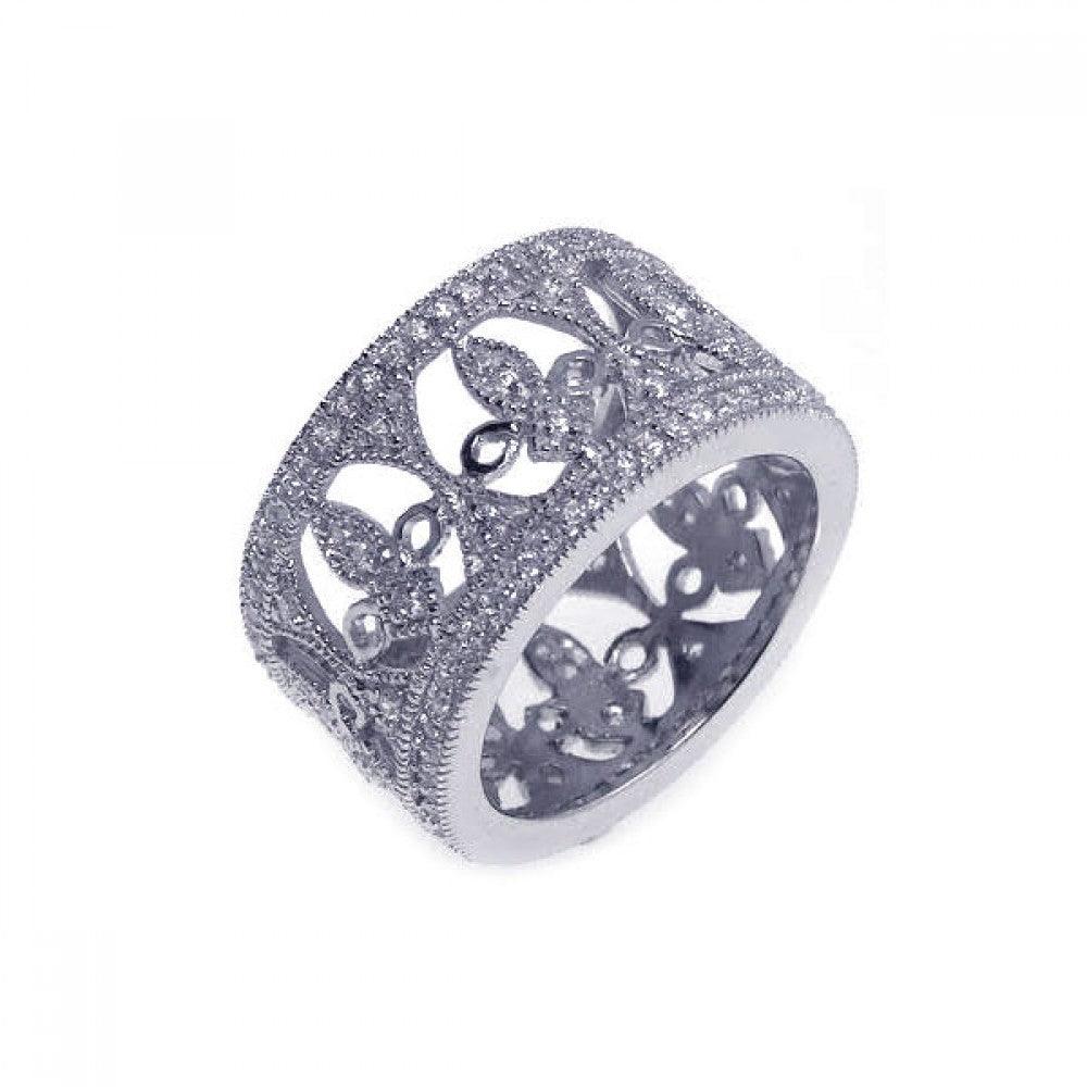 925 Silver Rhodium Plated CZ Fleur De Lis Eternity Ring