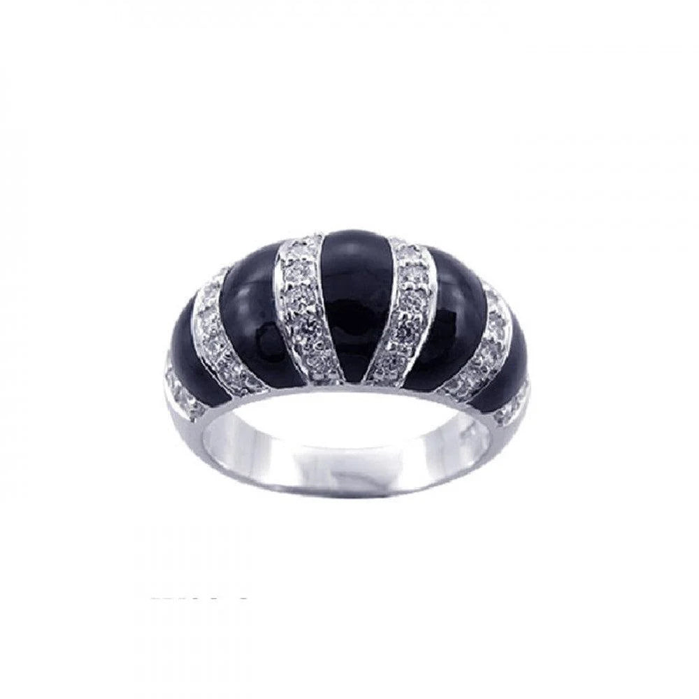 925 Silver Clearance-Rhodium Plated Black Onyx CZ Stripe Ring