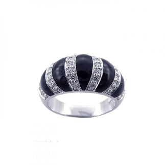 925 Silver Clearance-Rhodium Plated Black Onyx CZ Stripe Ring