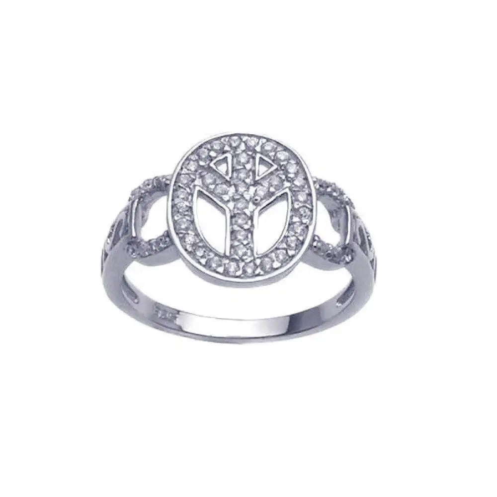925 Sterling Silver Clearance Rhodium Plated CZ Wide Peace Sign Ring