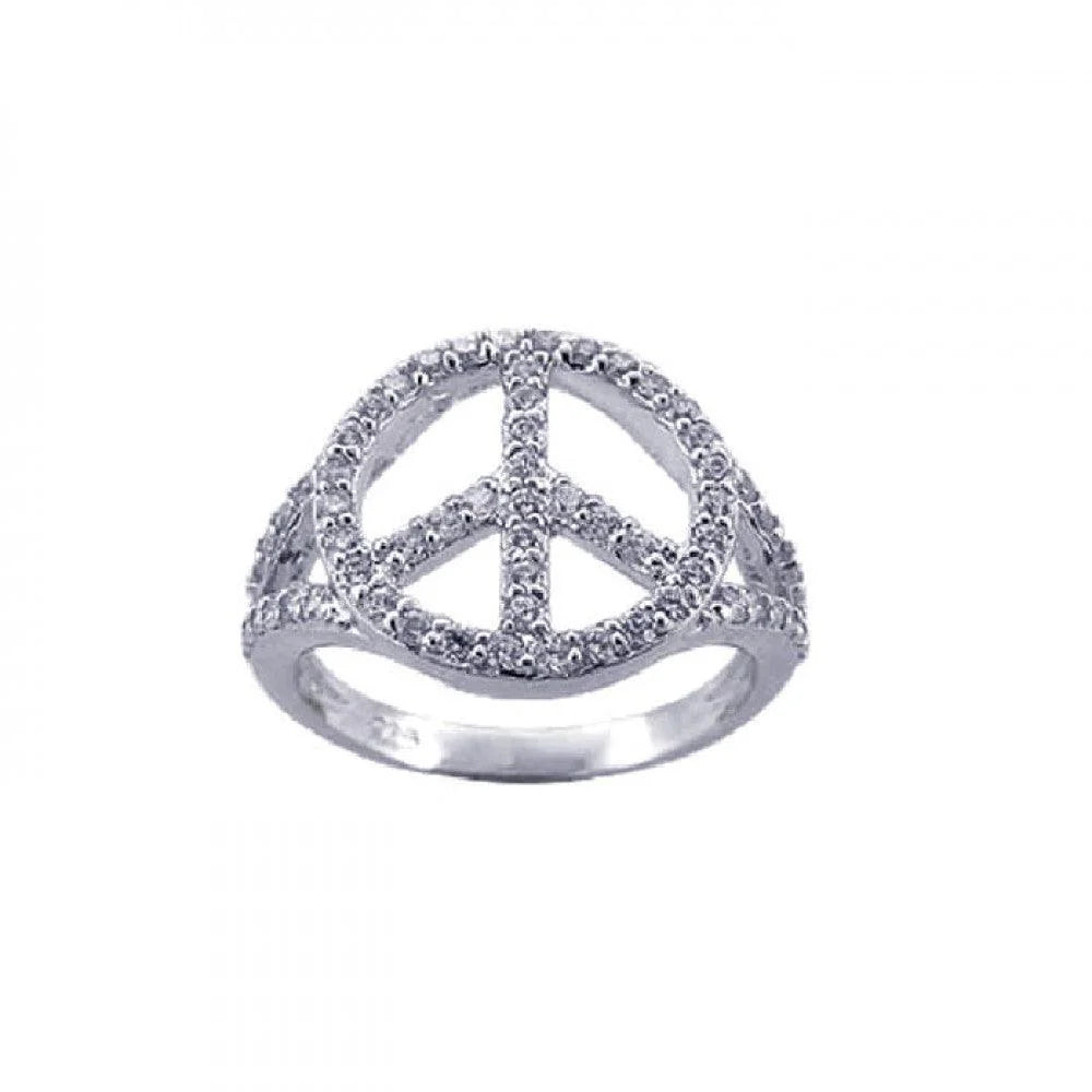 925 Silver Rhodium Plated CZ Peace Sign Ring